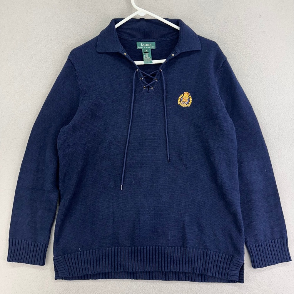 Lauren Ralph Lauren Sweater Womens M Blue Collard Crest Preppy Long Sleeve